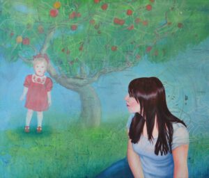 Junge Frau-Kindheit-Vergangenheit-Malerei-Acryl-Biografie-Maedchen-Pfirsiche-Karelien-Migration-Migrationshintergrund